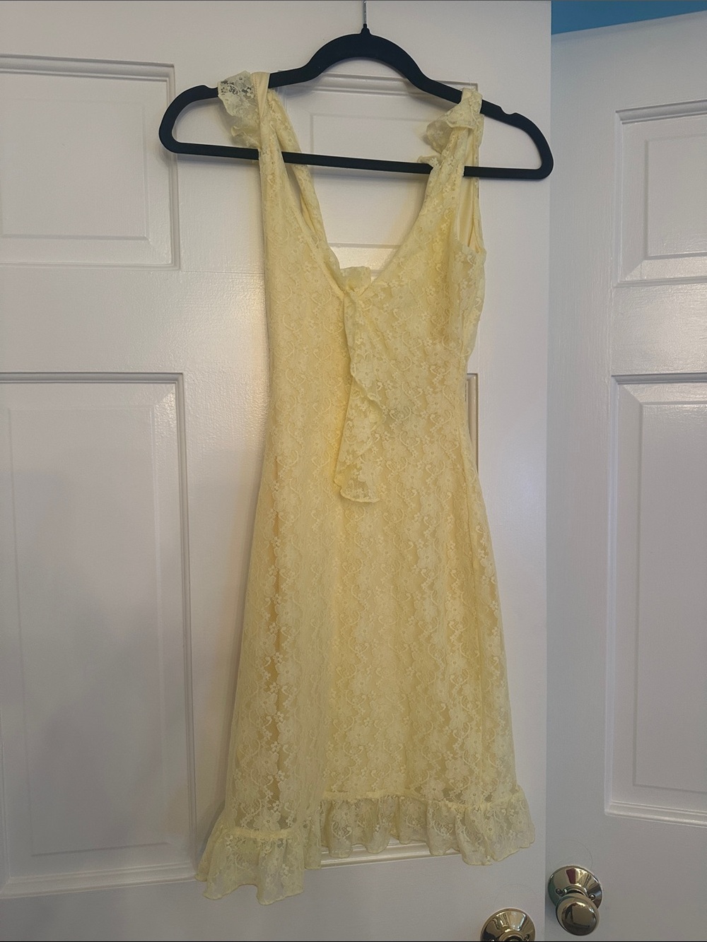 White Fox Boutique Pale Yellow Lace Ruffle Mini Dress